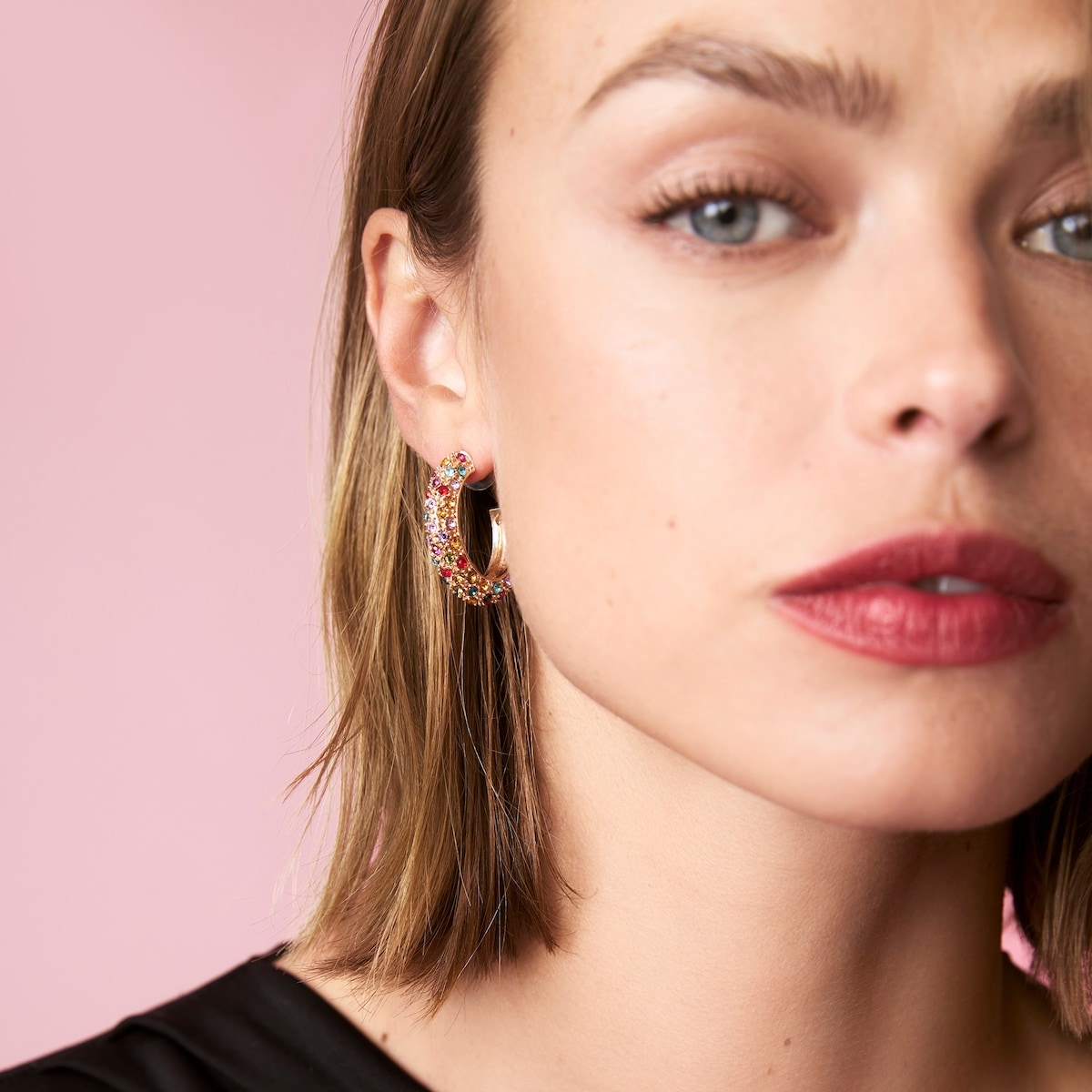 Rhinestone Open Hoop Earrings - Multi