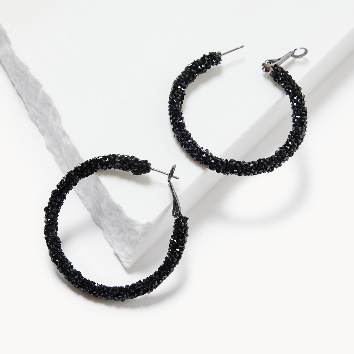 Textured Glitter Hoop Earrings - Black