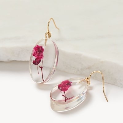 Boucles d’oreilles ovales en résine avec fleurs - Rose