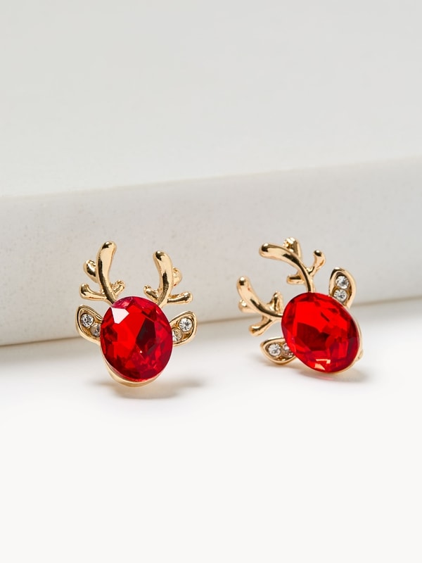 Red Rhinestone Reindeer Stud Earrings - Red