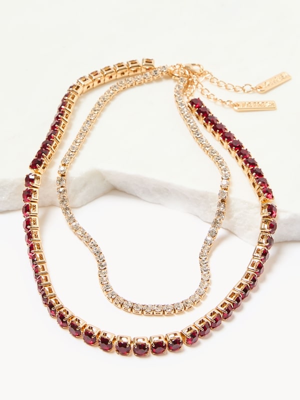 Red Rhinestone Necklace Set - Gold