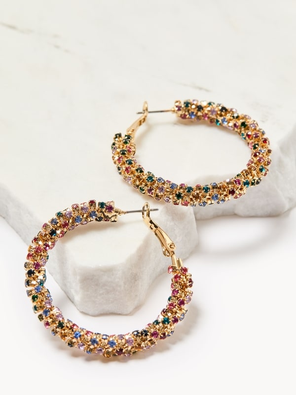 Multicolour Rhinestone Hoop Earrings - Multi