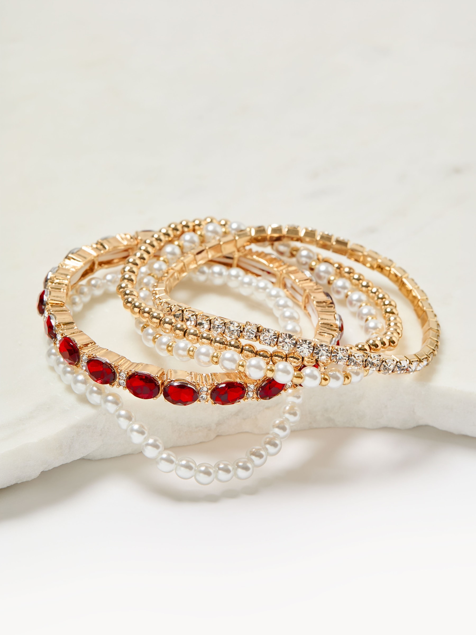 Faux Pearl and Rhinestone Stretch Bracelet Set