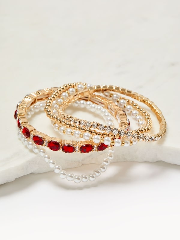 Faux Pearl and Rhinestone Stretch Bracelet Set - Multi