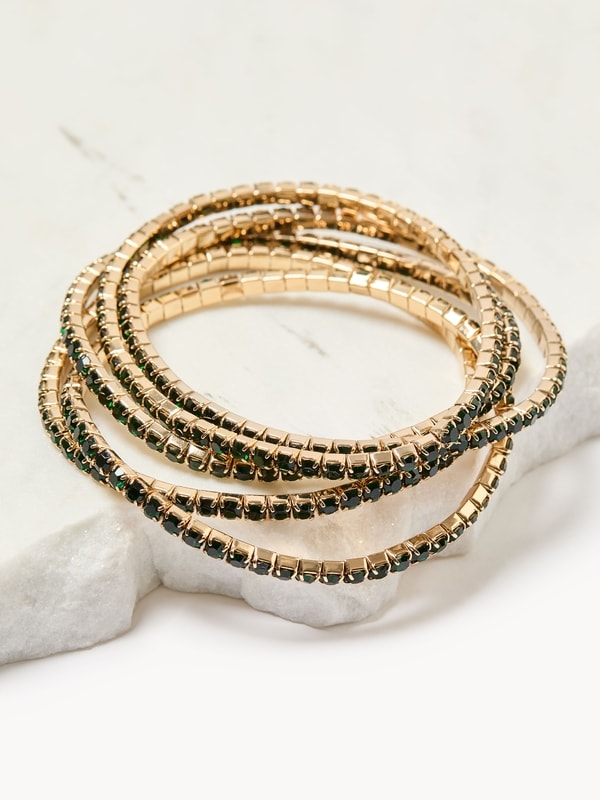 Green Rhinestone Stretch Bracelet Set - Black