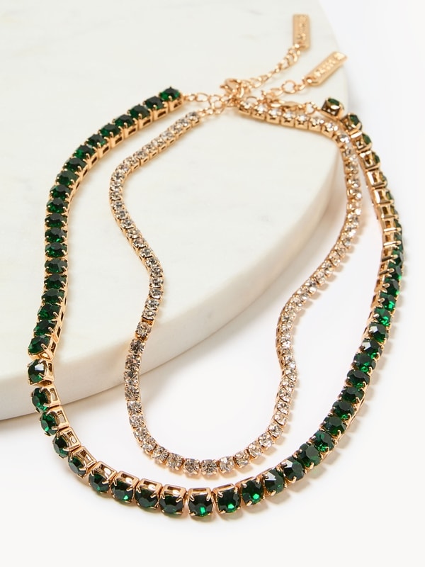 Green Rhinestone Necklace Set - Gold