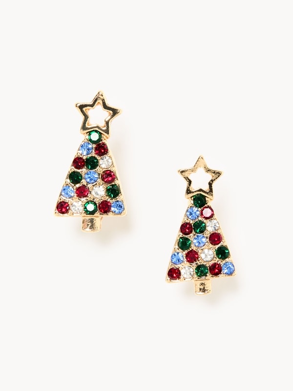 Rhinestone Holiday Tree Stud Earrings - Multi