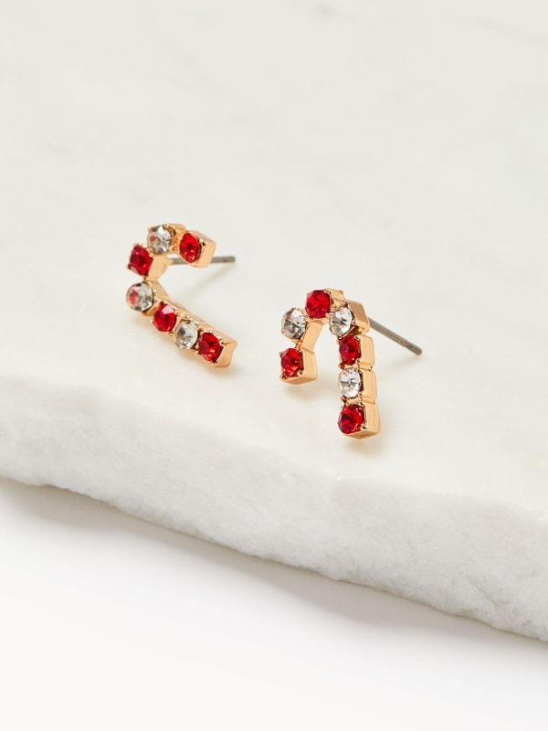 Rhinestone Candy Cane Stud Earrings - Red
