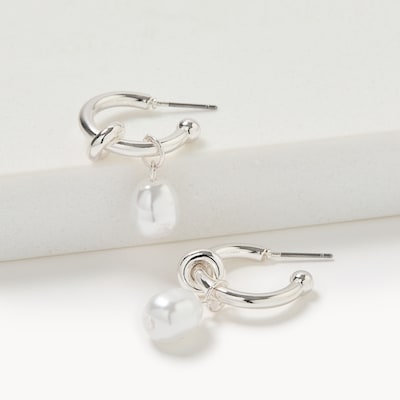 Faux Pearl Drop Hoop Earrings - Silver