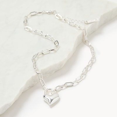 Chain Link Heart Pendant Necklace - Silver