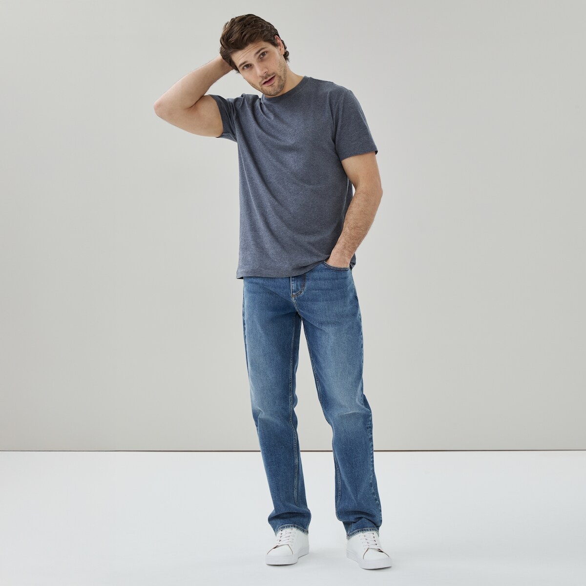 T-shirt col ras du cou en coton biologique, hommes - Mlange De Bleu Fonc