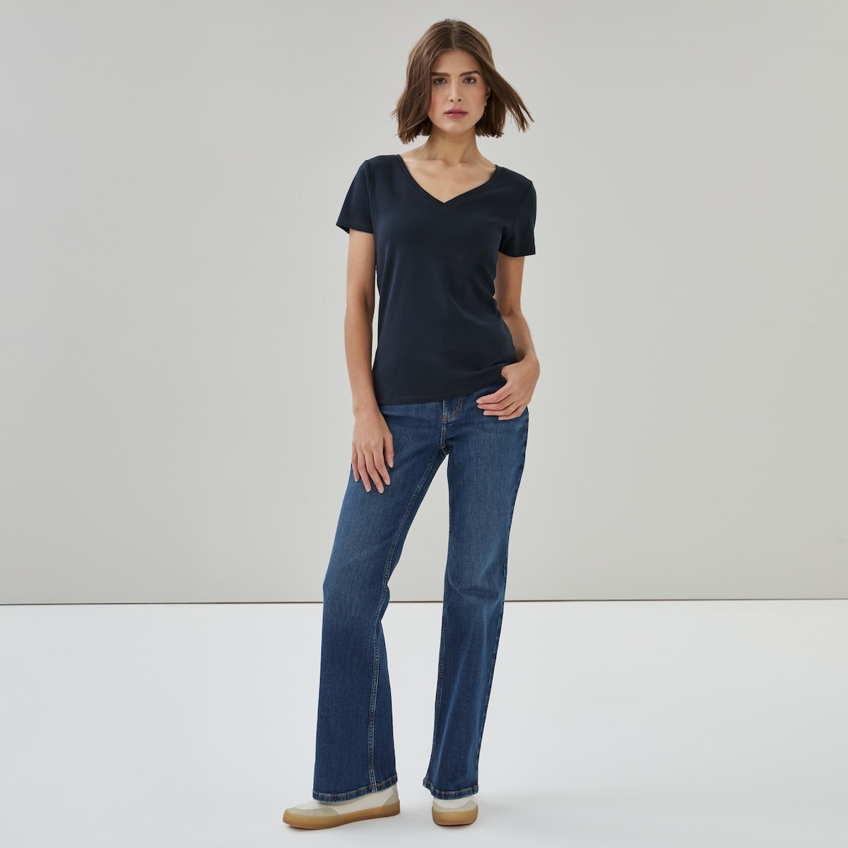 T-shirt col enV en coton biologique - Jf Bleu Nuit