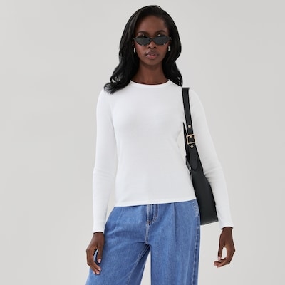 Slim-Fit Ribbed Long Sleeve Top - White