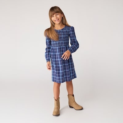 Robe à fronces à carreaux pour filles - Marine pâle