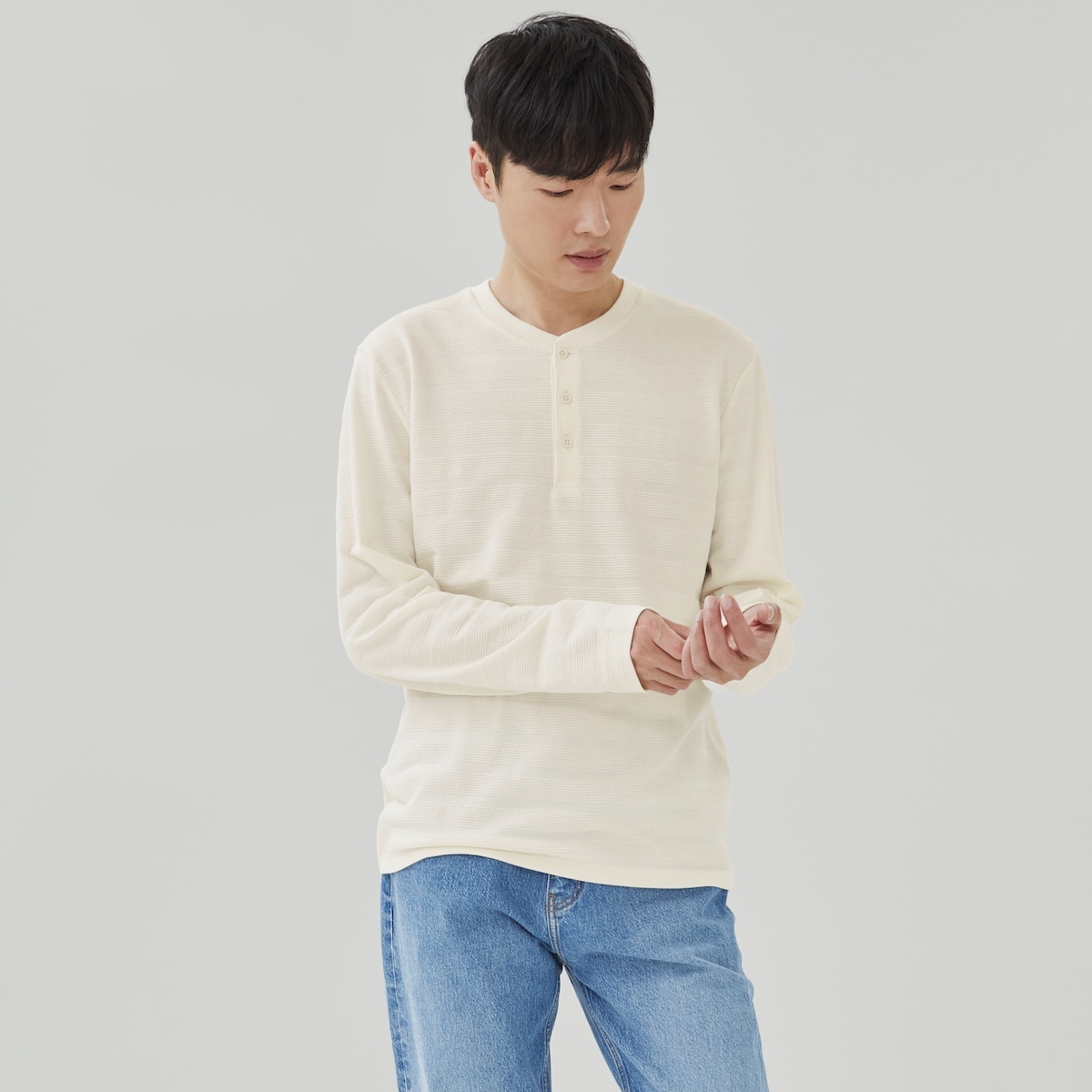 Men's Henley Long Sleeve Top - Cream