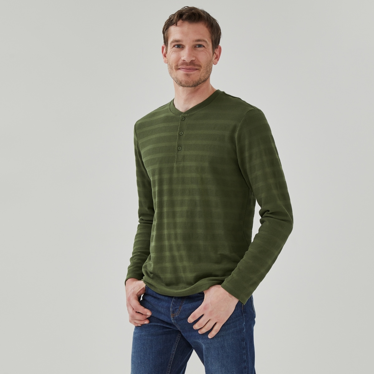 Men's Henley Long Sleeve Top - Dark Olive