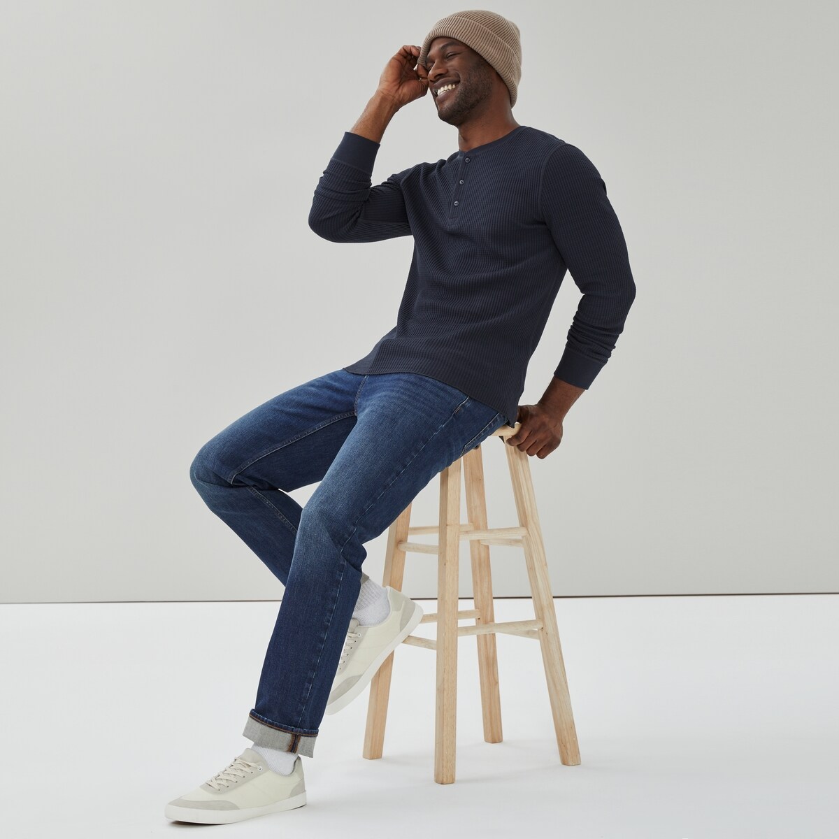 Men's Waffle Knit Henley Top - Dark Navy