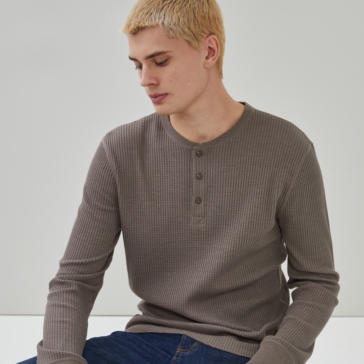 Men's Waffle Knit Henley Top - Brown Mix