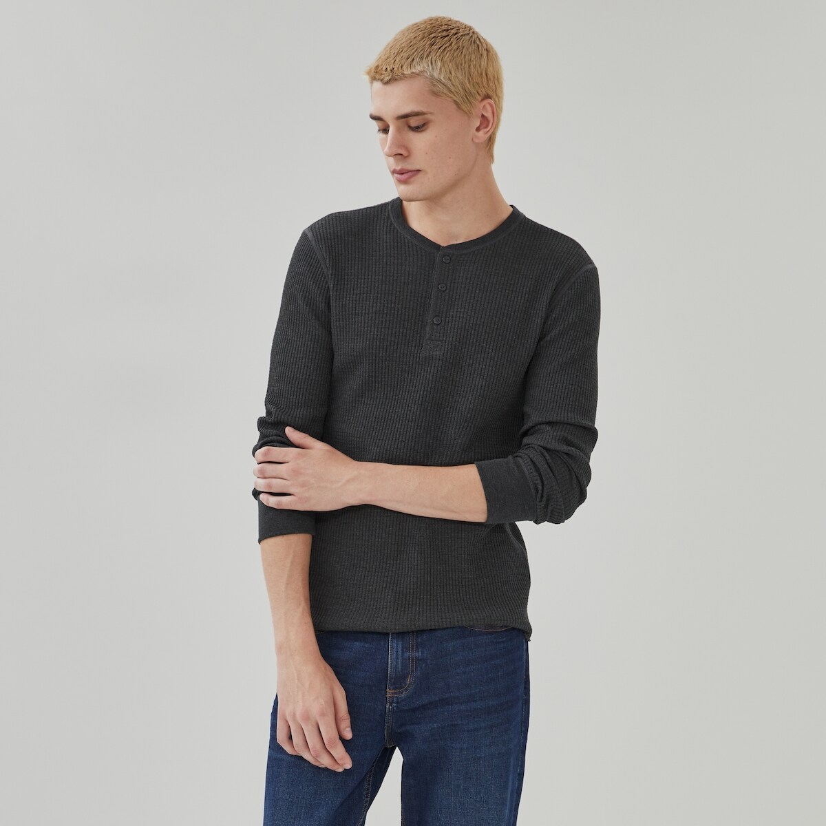 Men's Waffle Knit Henley Top - Charcoal Melange