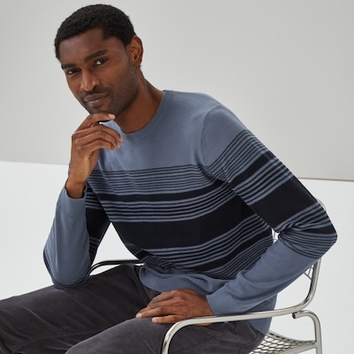 Men's Striped Crew Neck Sweater - Dark Navy