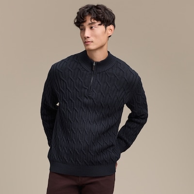 Chandail à col montant à mailles torsadées, hommes - Marine foncé