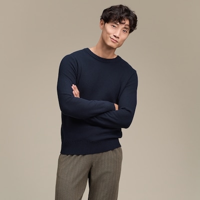 Men's Cotton Moss Stitch Crewneck Sweater - Dark Navy