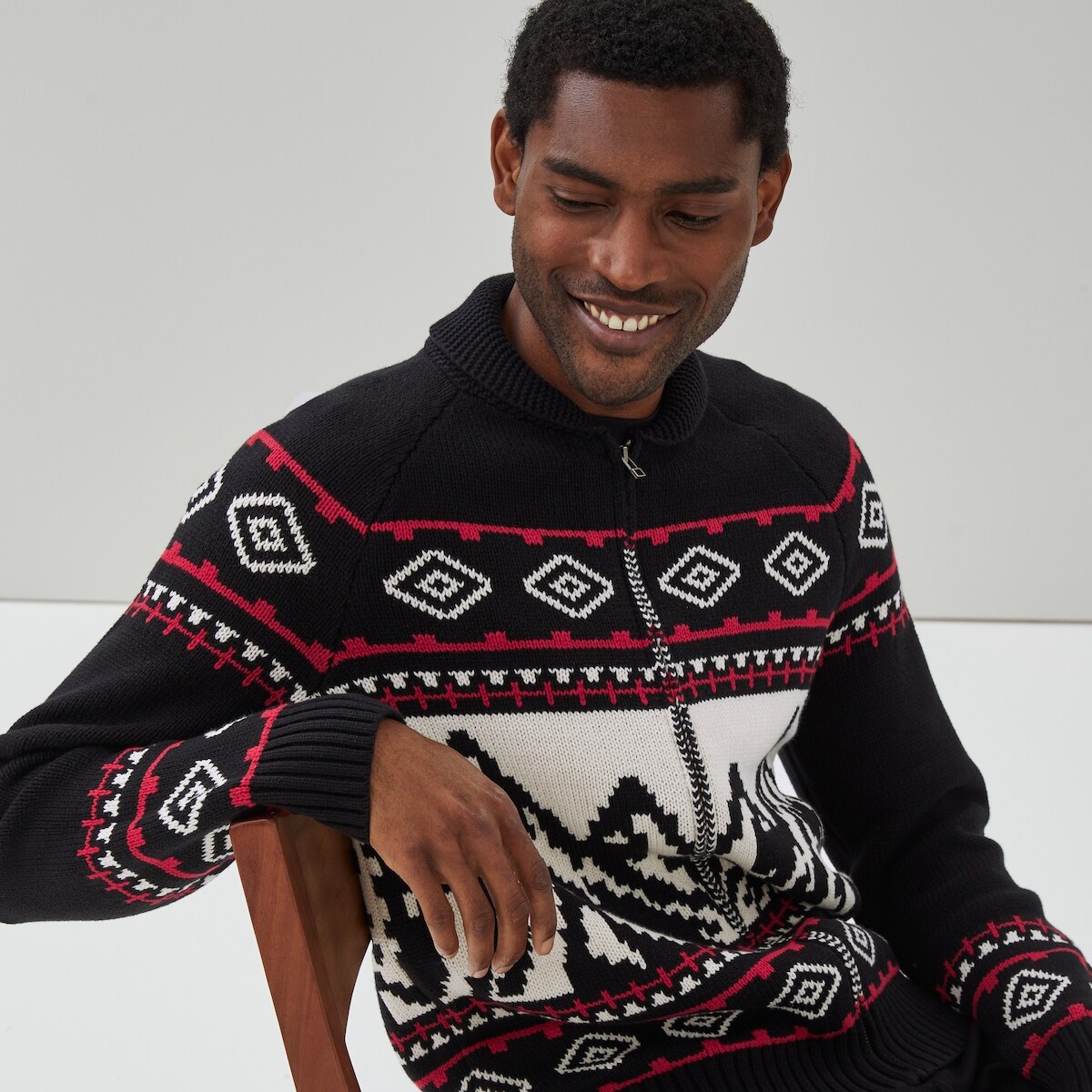 Men's Intarsia Zip-Up Sweater - Black