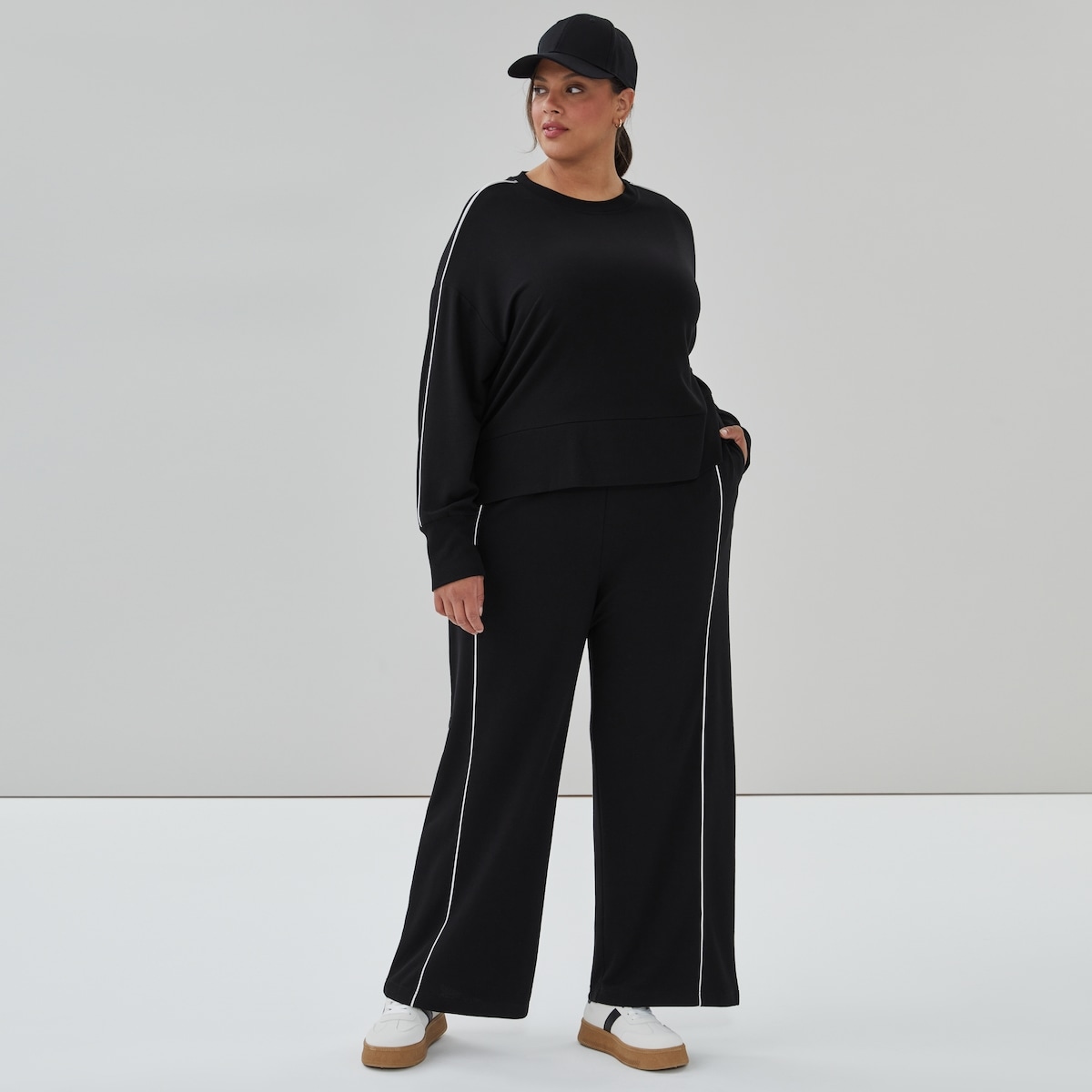 Pantalon sport jambe large ratine boucle Femmes+ - Noir