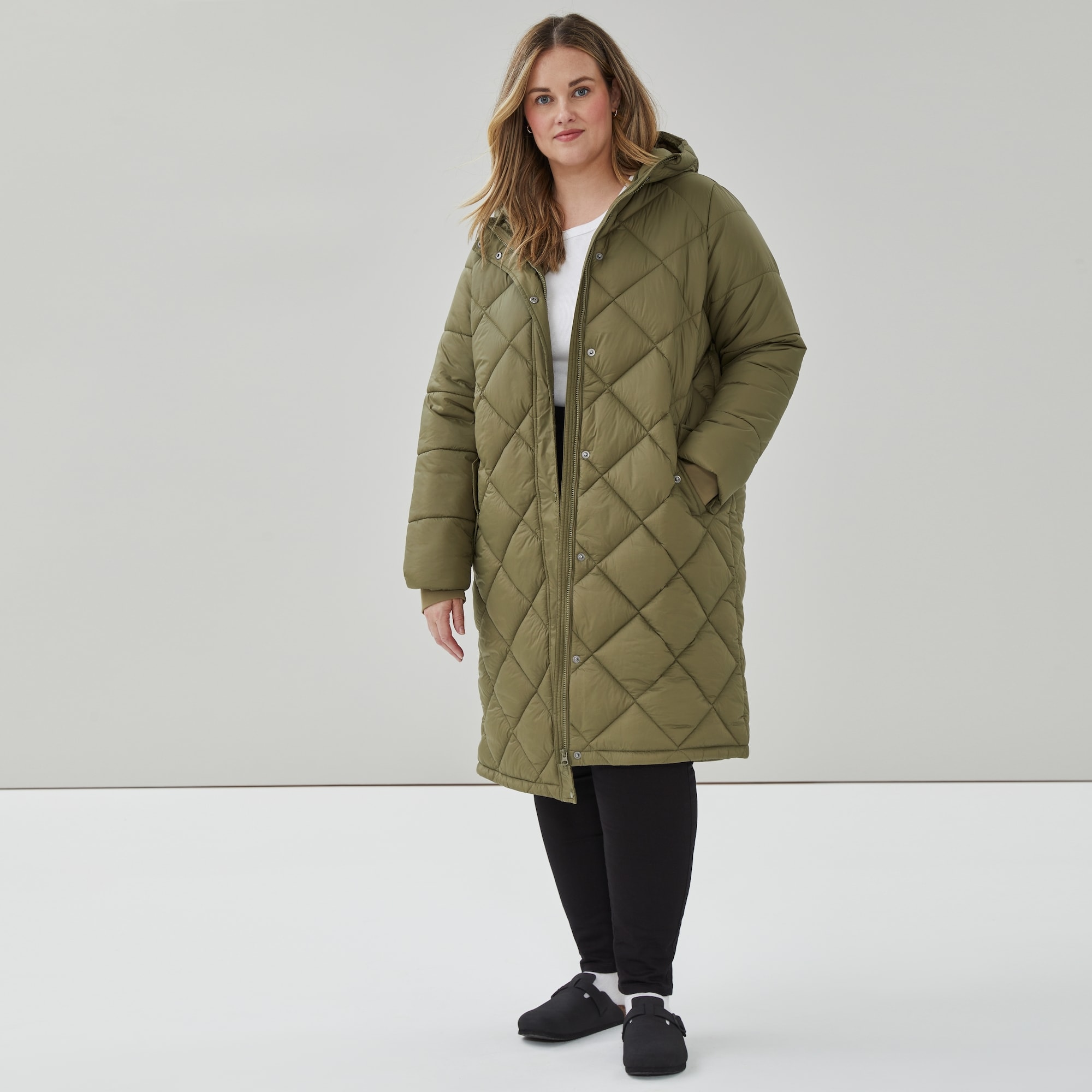 Women+ Diamond Quilted Long Puffer Jacket in Khaki Green from Joe