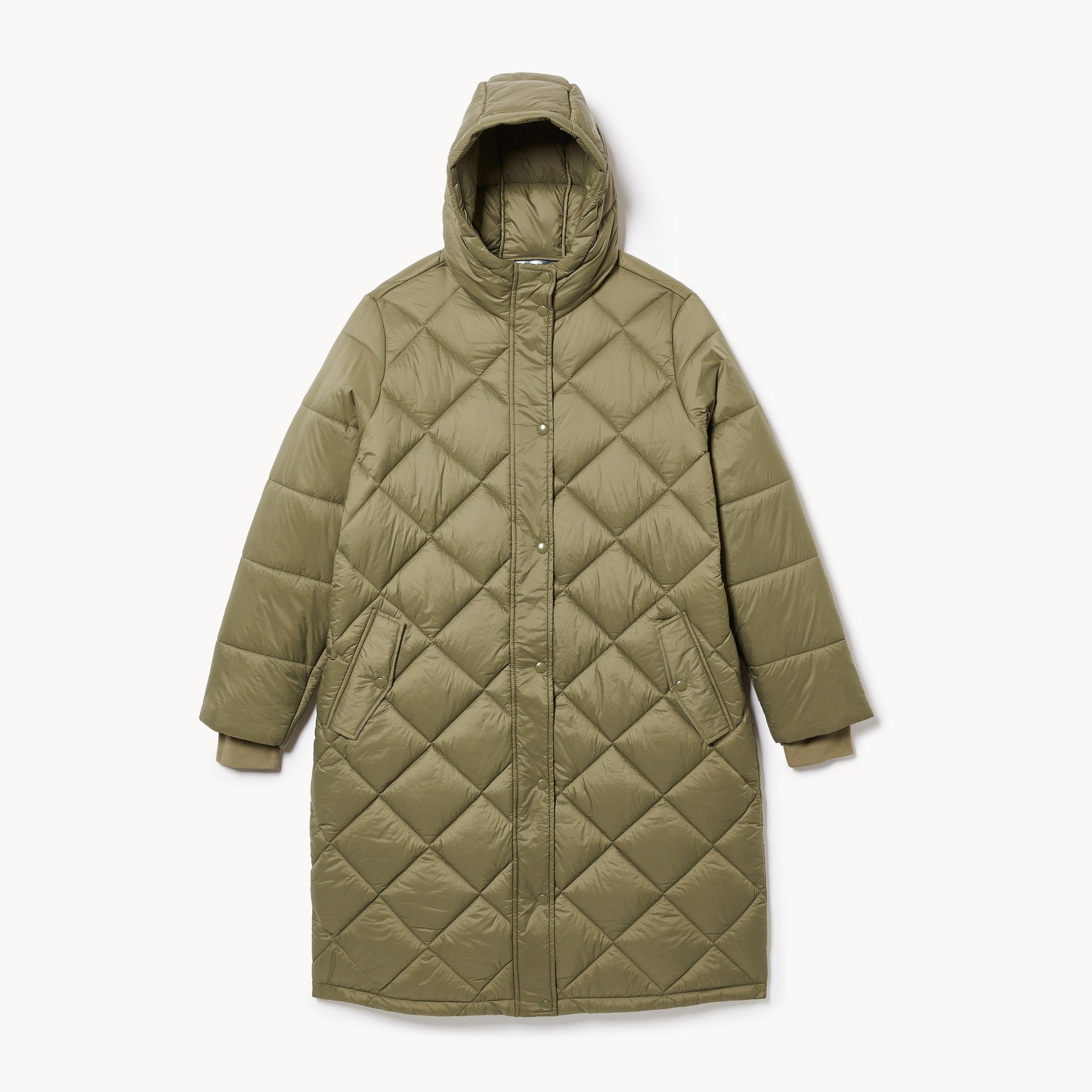Diamond Quilted Long Puffer Jacket in Khaki Green from Joe Fresh
