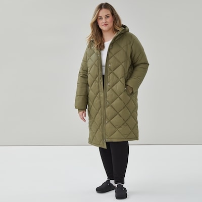 Women+ Diamond Quilted Long Puffer Jacket - Khaki Green