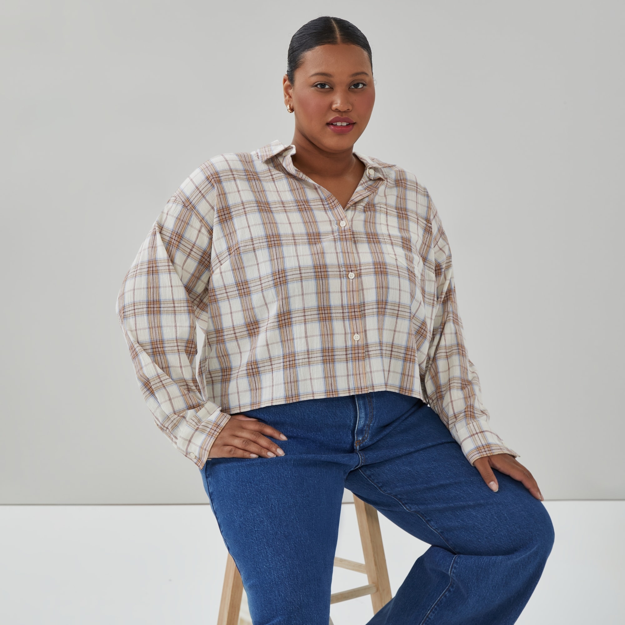 Women+ Boxy Cropped Plaid Shirt in Cream from Joe Fresh
