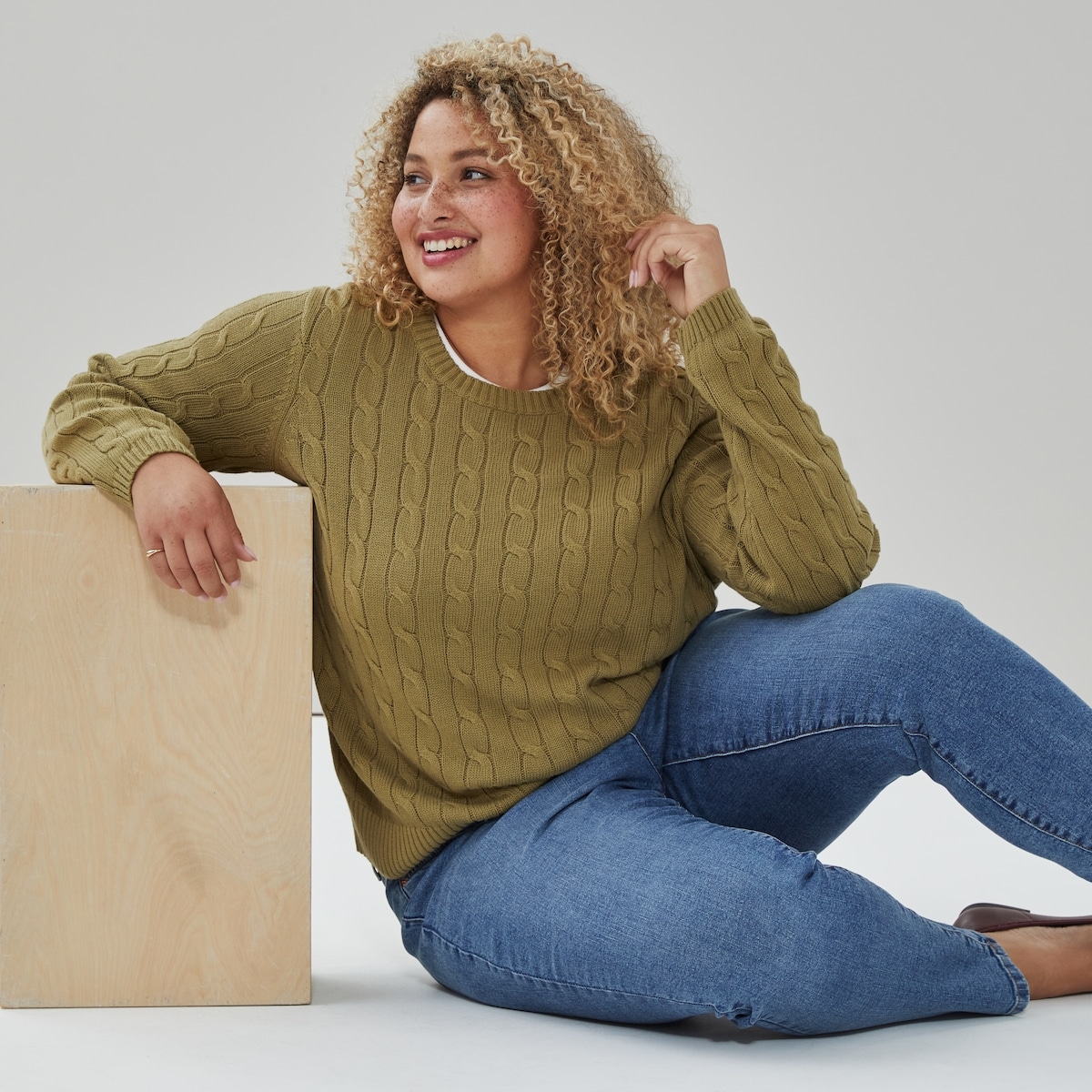 Women+ Cable Knit Sweater - Light Olive