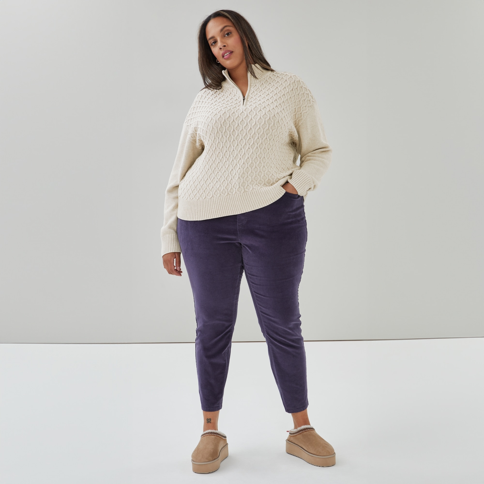 Women+ Quarter-Zip Sweater in Oat Mix from Joe Fresh
