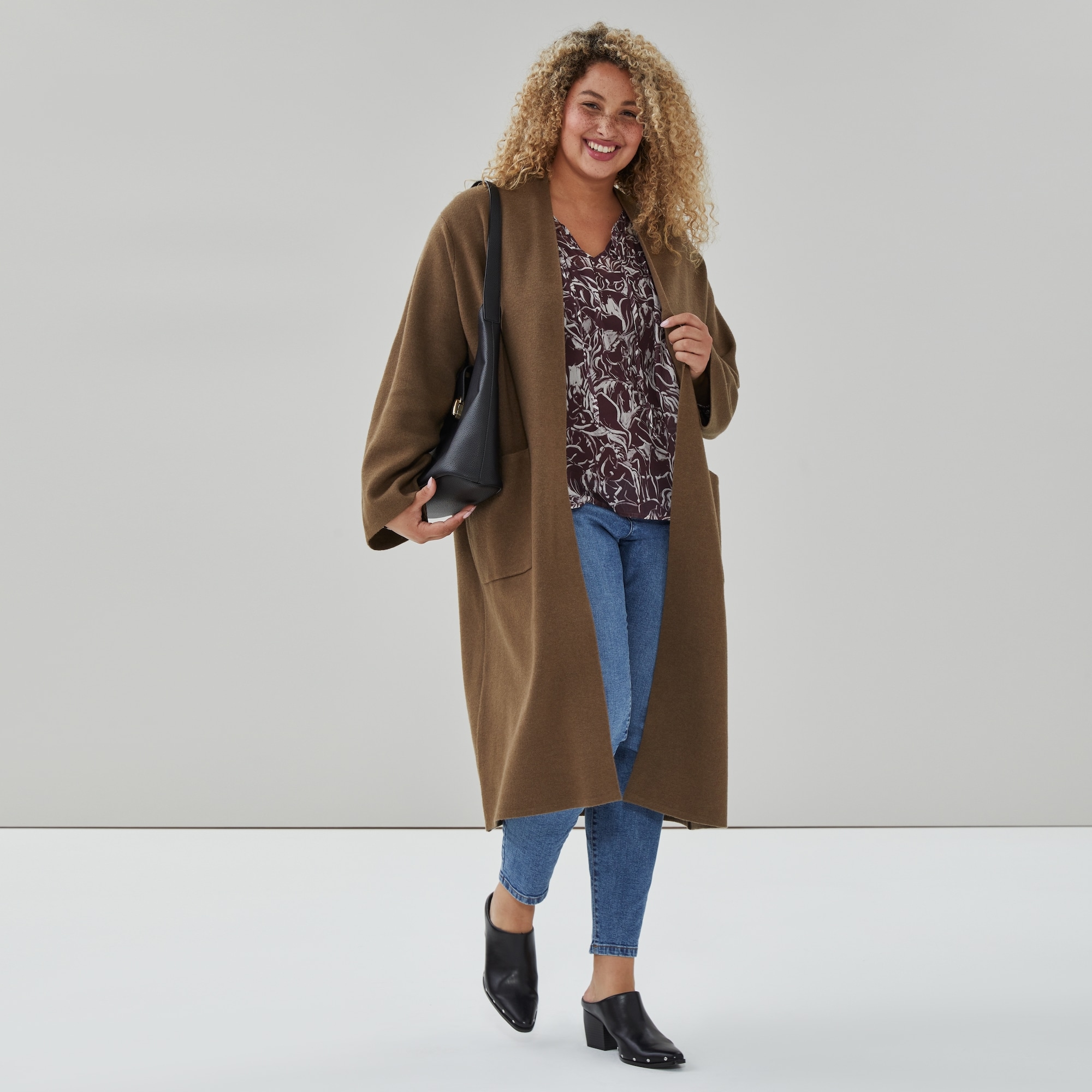 Women+ Long Cardigan in Dusty Brown from Joe Fresh
