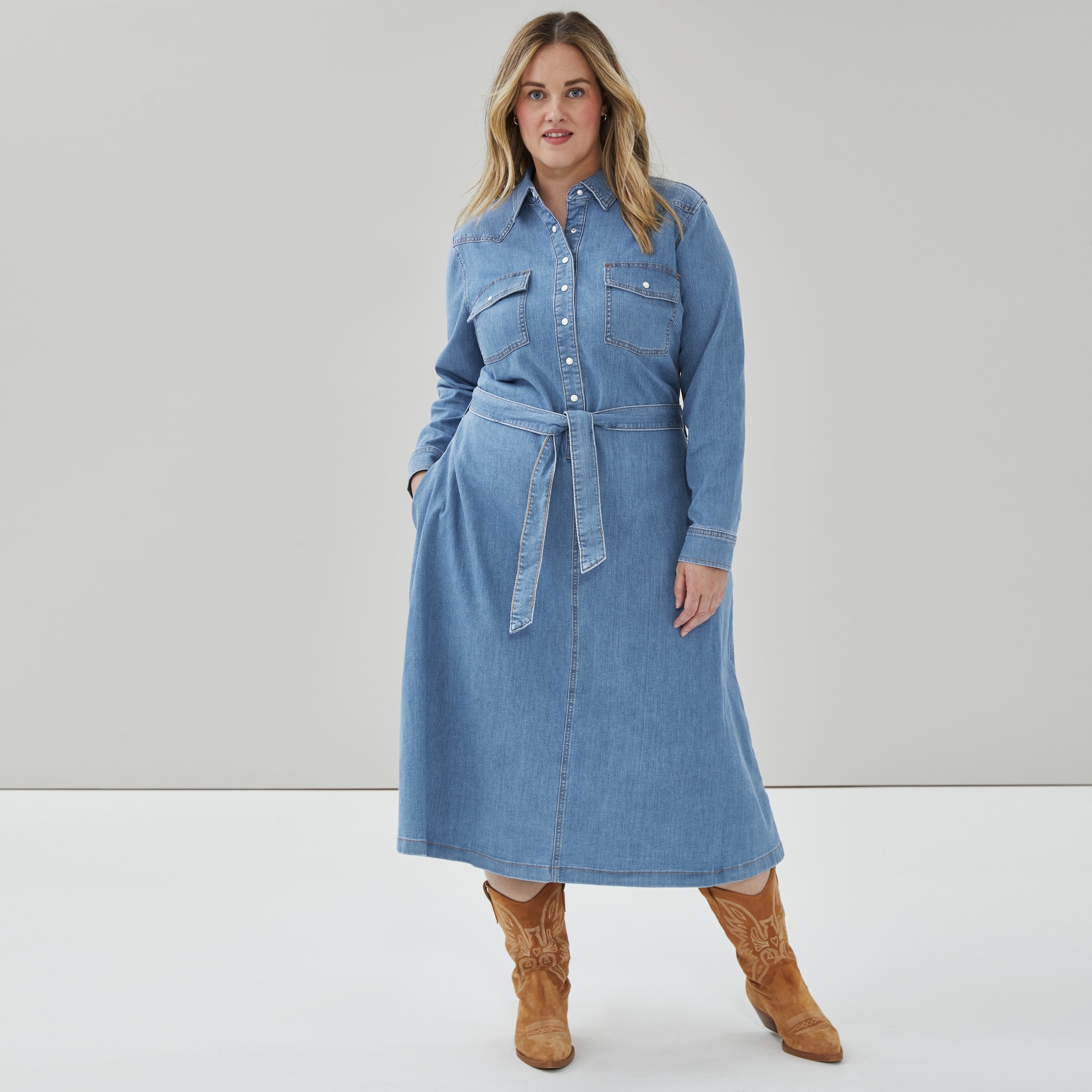 Women+ Denim Belted Midi Dress in Medium Wash from Joe Fresh
