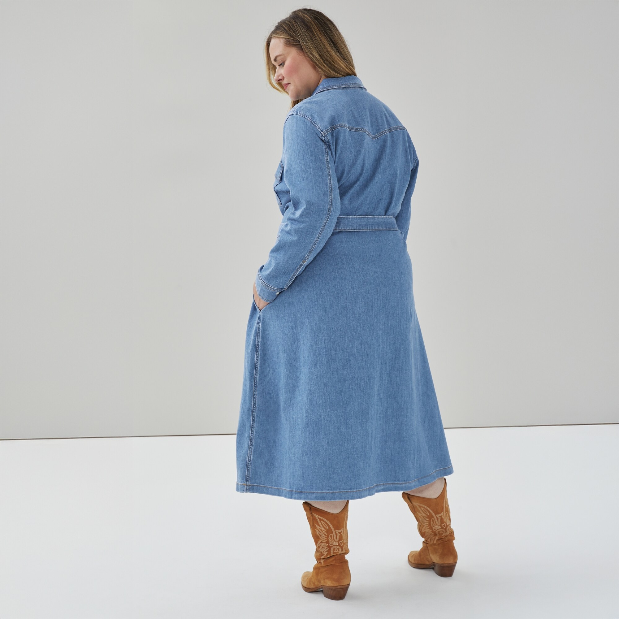 Women+ Denim Belted Midi Dress in Medium Wash from Joe Fresh Women+ Denim Belted Midi Dress in Medium Wash from Joe Fresh