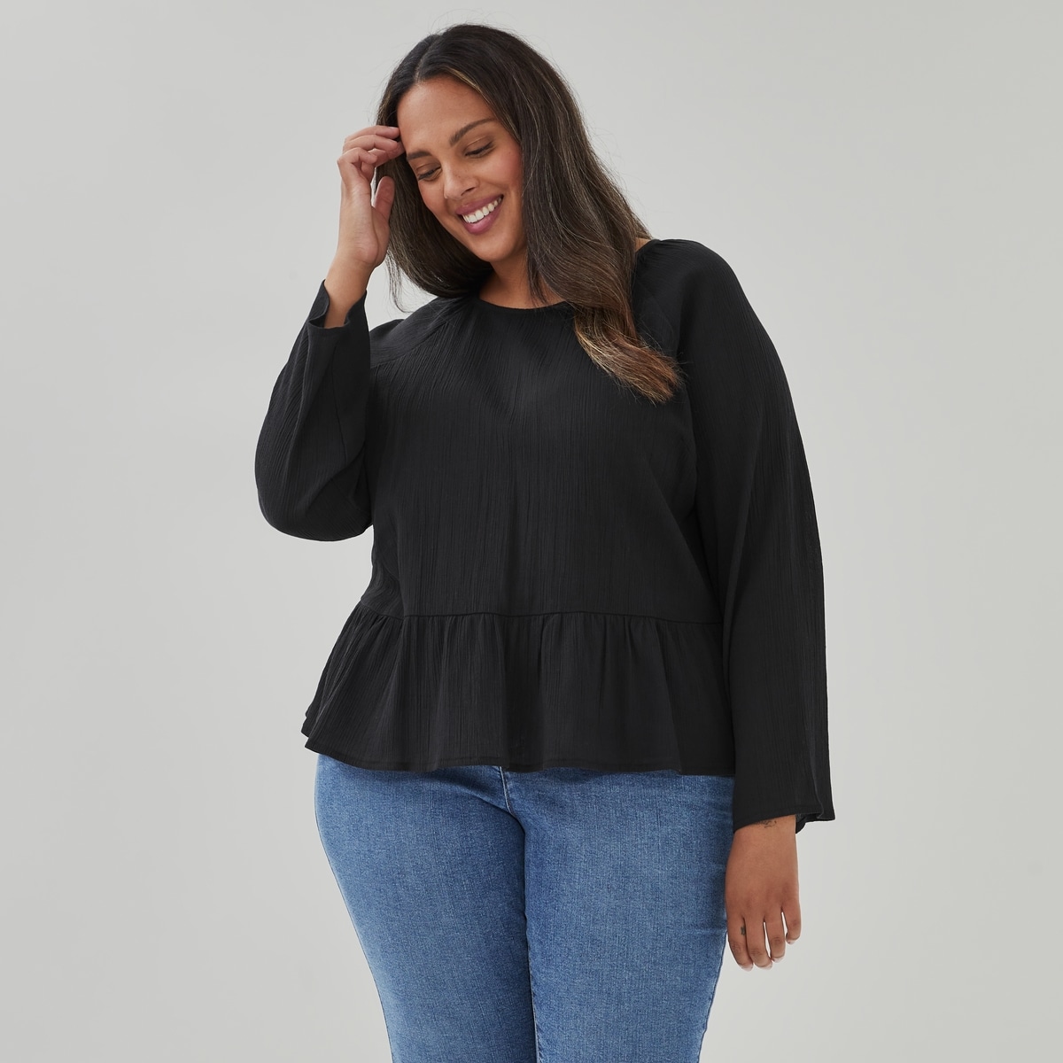 Women+ Peplum Crinkled Long Sleeve Top