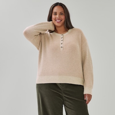 Women+ Two-Tone Henley Sweater - Light Brown