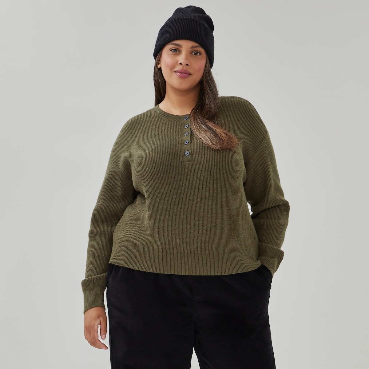 Women+ Two-Tone Henley Sweater - Dark Olive