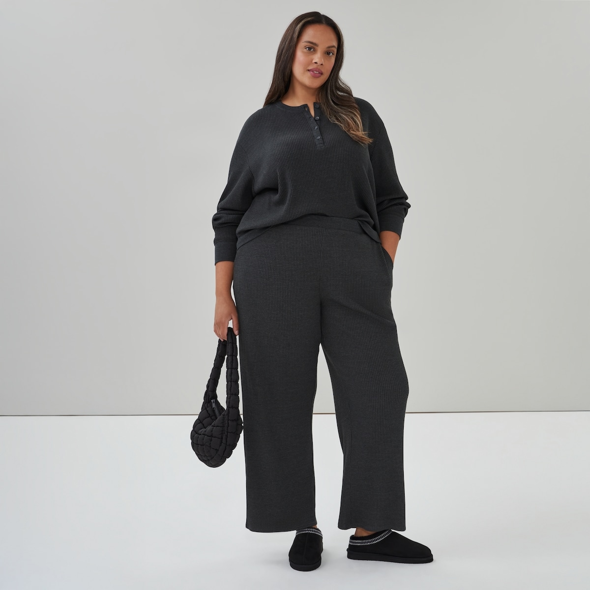 Women+ Waffle Wide Leg Pant - Charcoal Mix