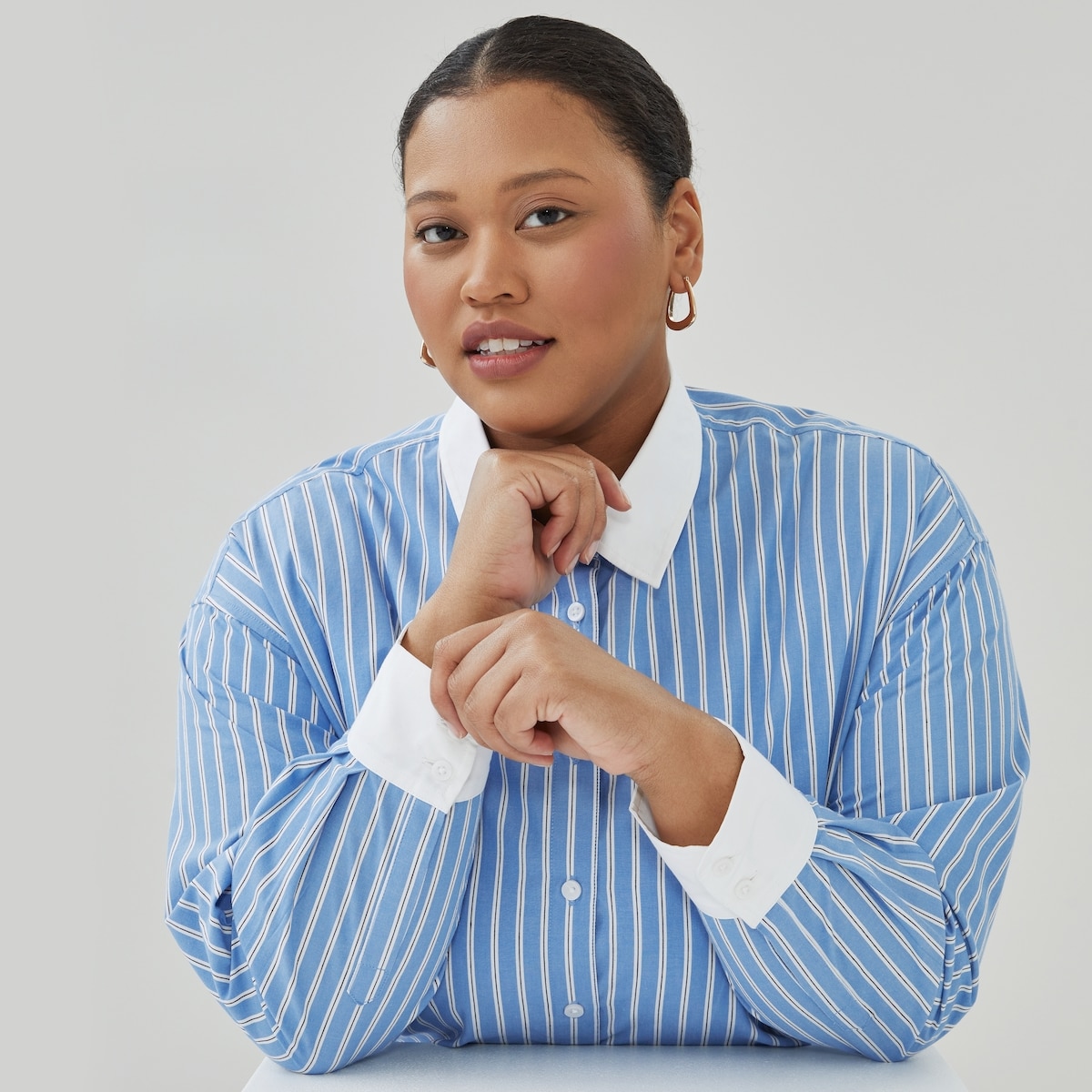 Women+ Striped Long Sleeve Button-Up - Bright Blue