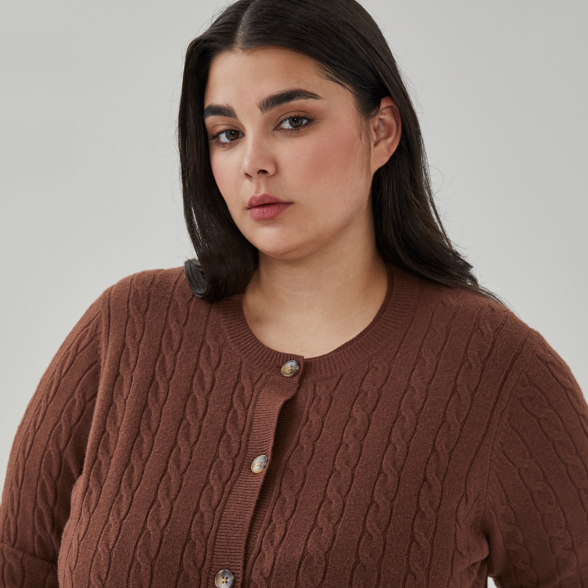Women+ Cable Knit Cardigan in Brown from Joe Fresh