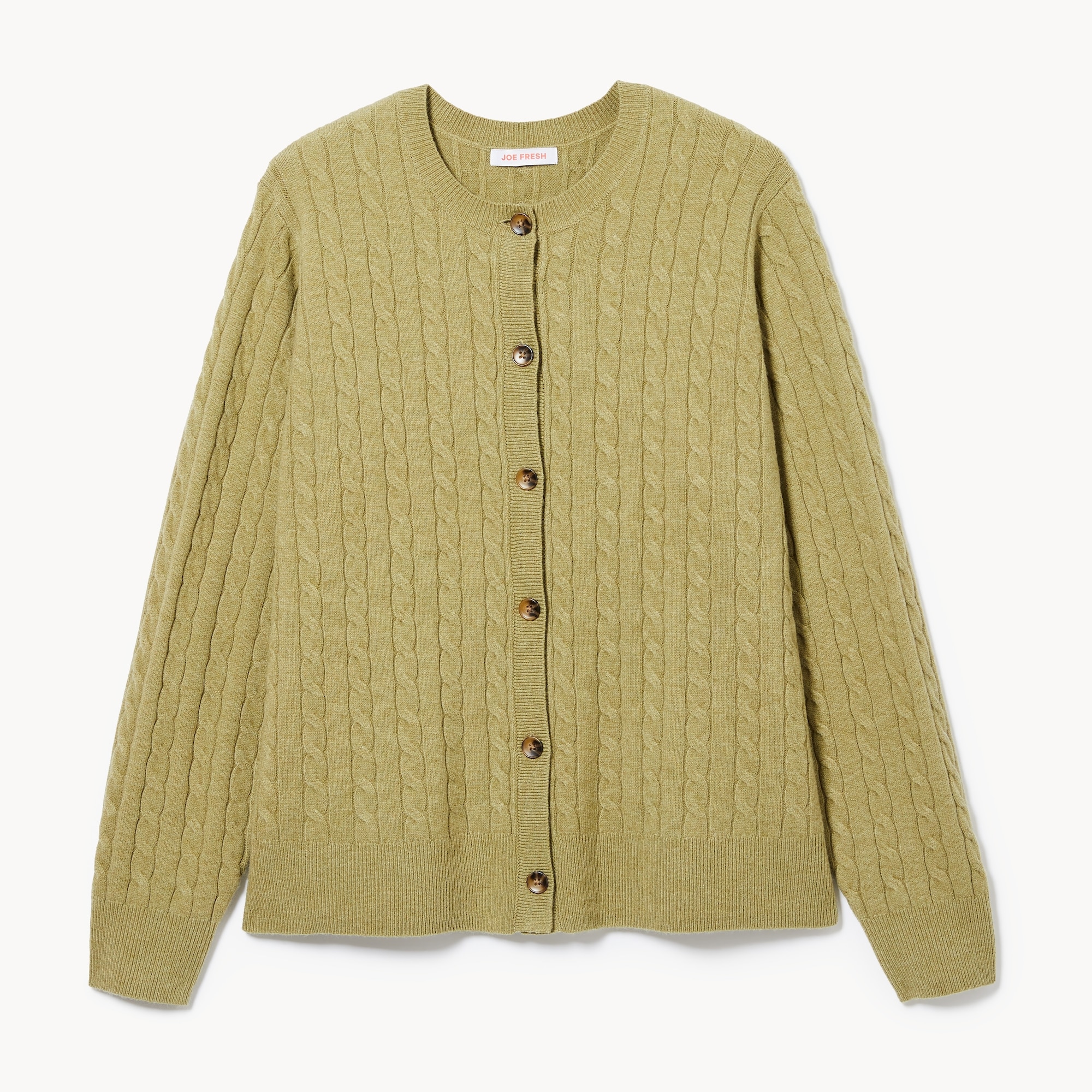 Women+ Cable Knit Cardigan in Light Olive from Joe Fresh