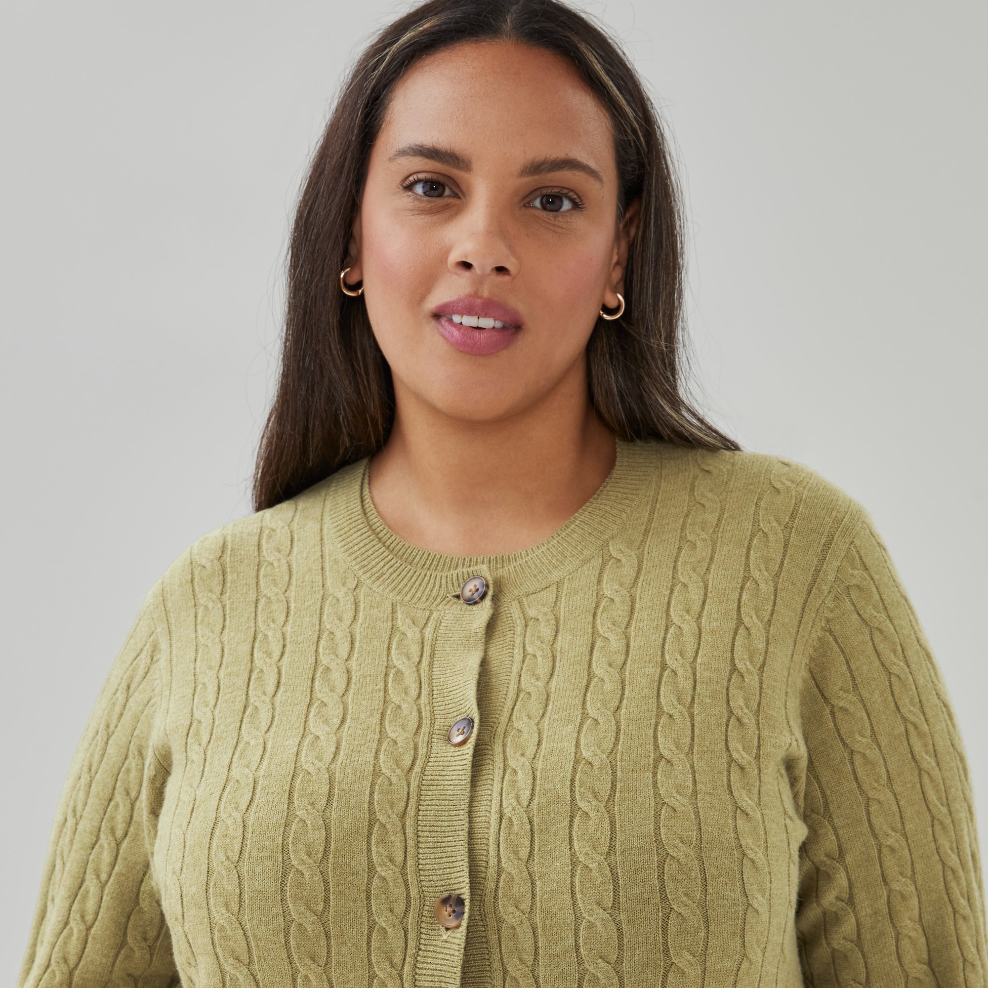 Women+ Cable Knit Cardigan in Light Olive from Joe Fresh