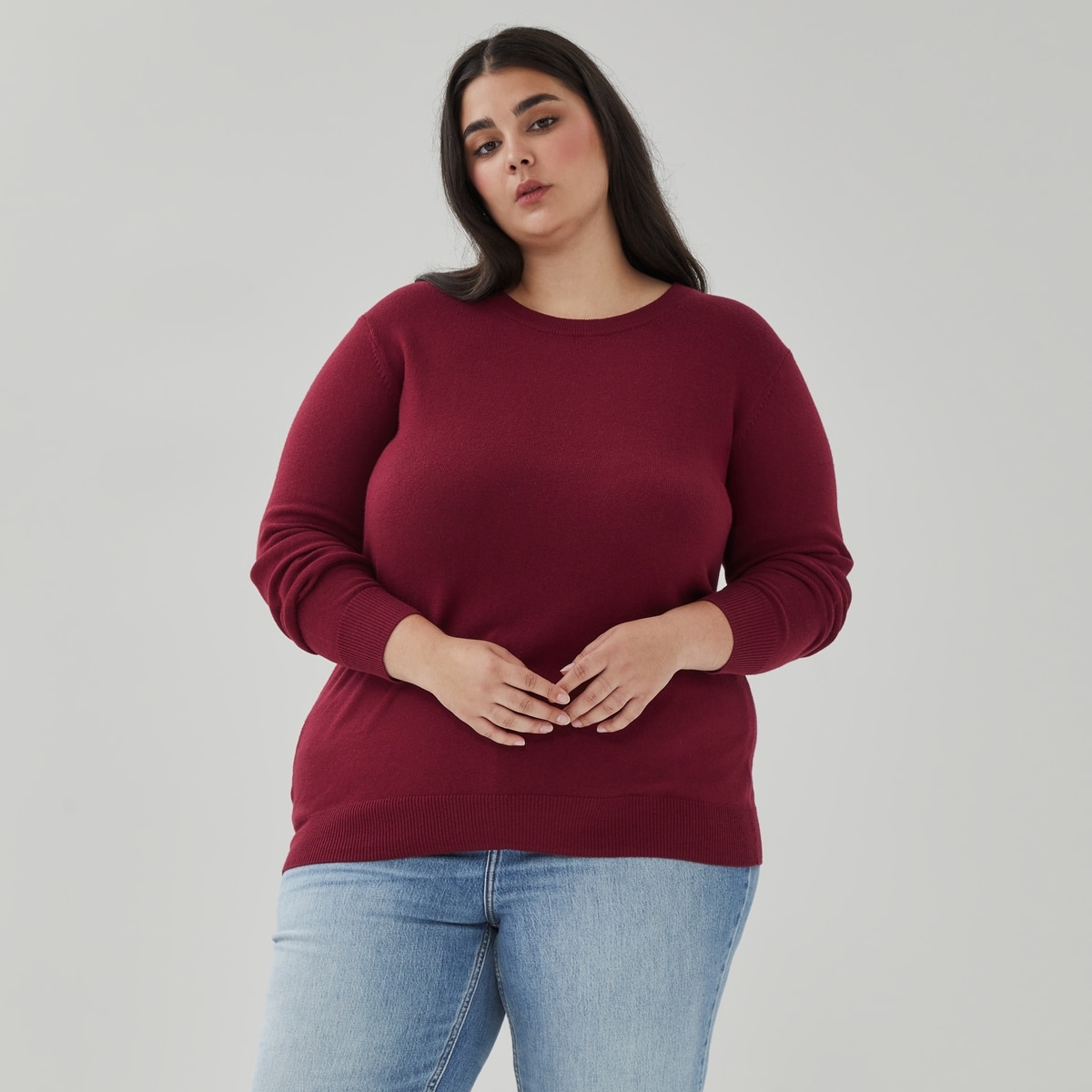 Women+ Cotton Cashmere Crew Neck Sweater - Dark Red