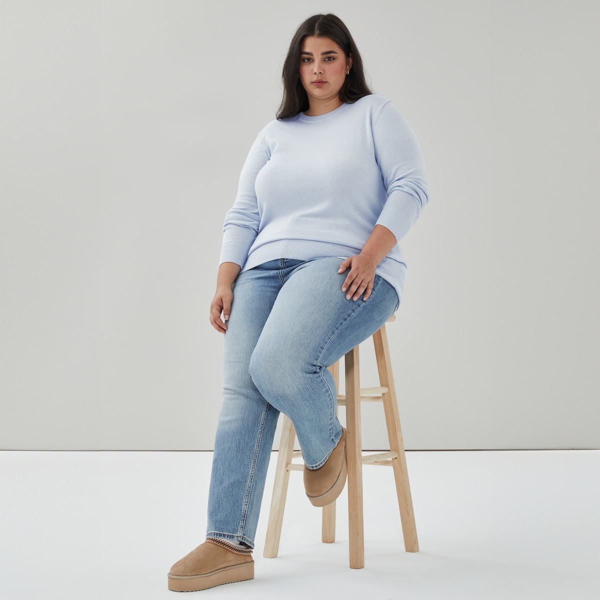 Chandail col ras du cou coton et cachemire Femmes+ - Bleu Ple