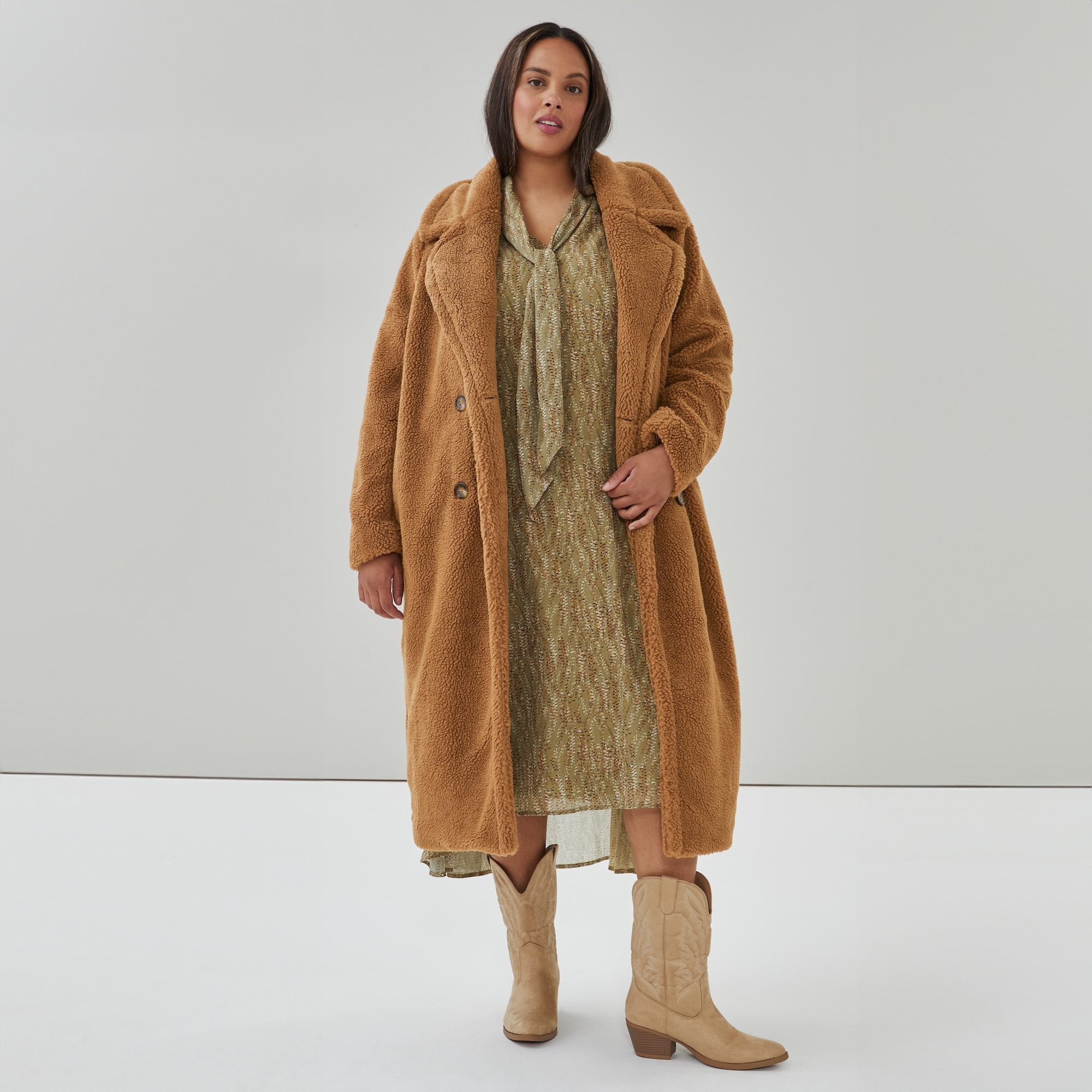 Faux Fur Oversized Coat in Camel from Joe Fresh