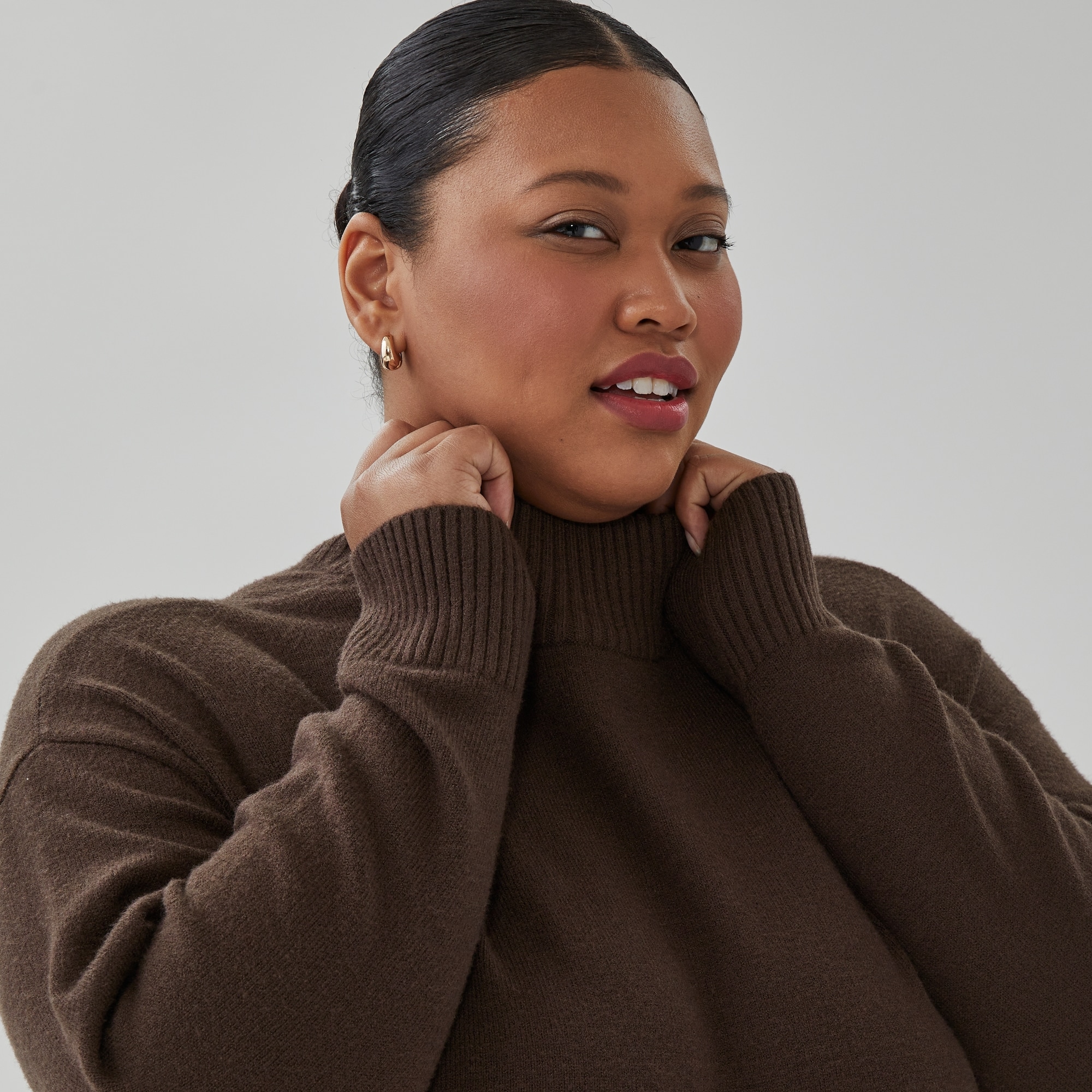 Women+ Mock Neck Knit Sweater in Dark Brown from Joe Fresh