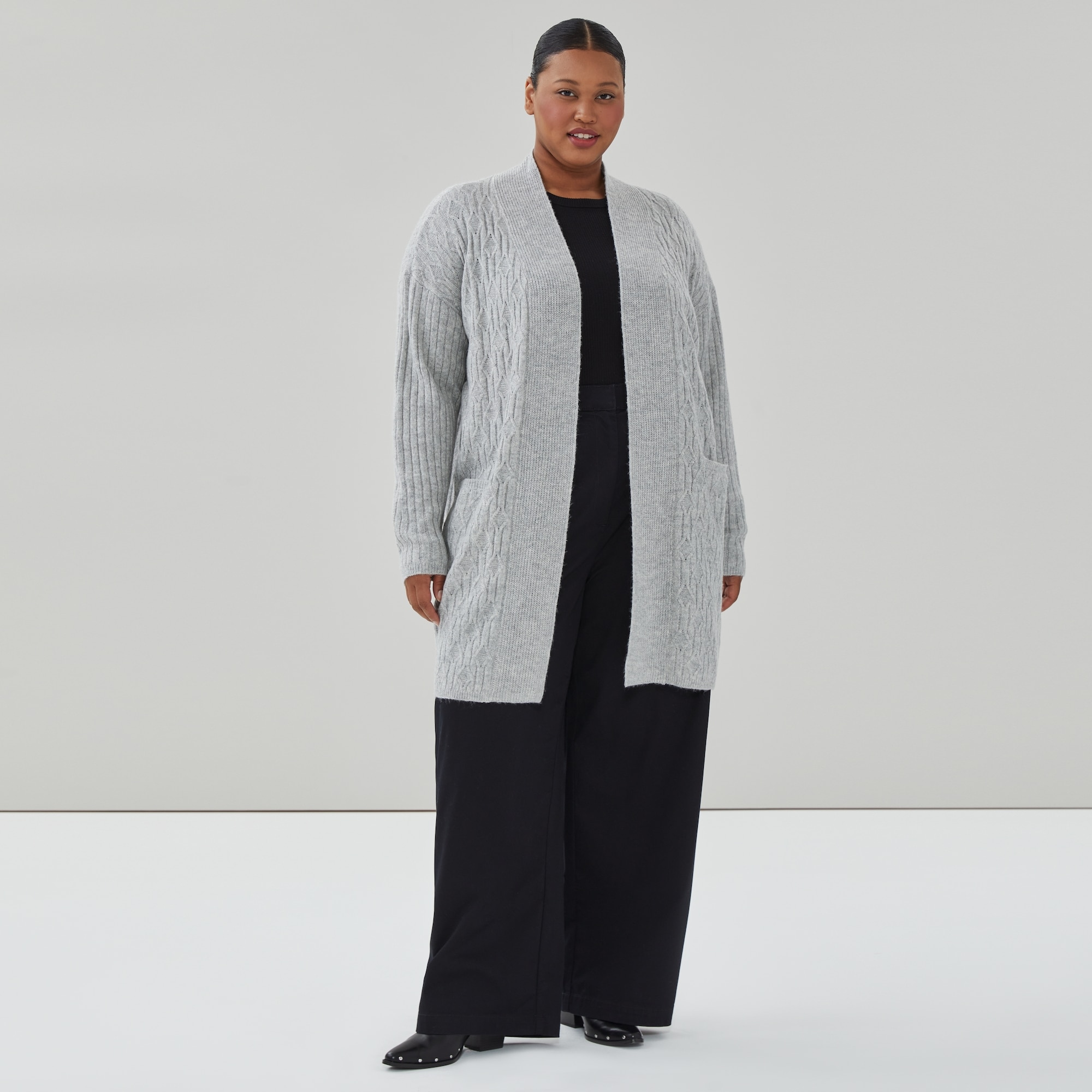 Women+ Open-Front Cable Knit Cardigan in Light Grey Mix from Joe Fresh